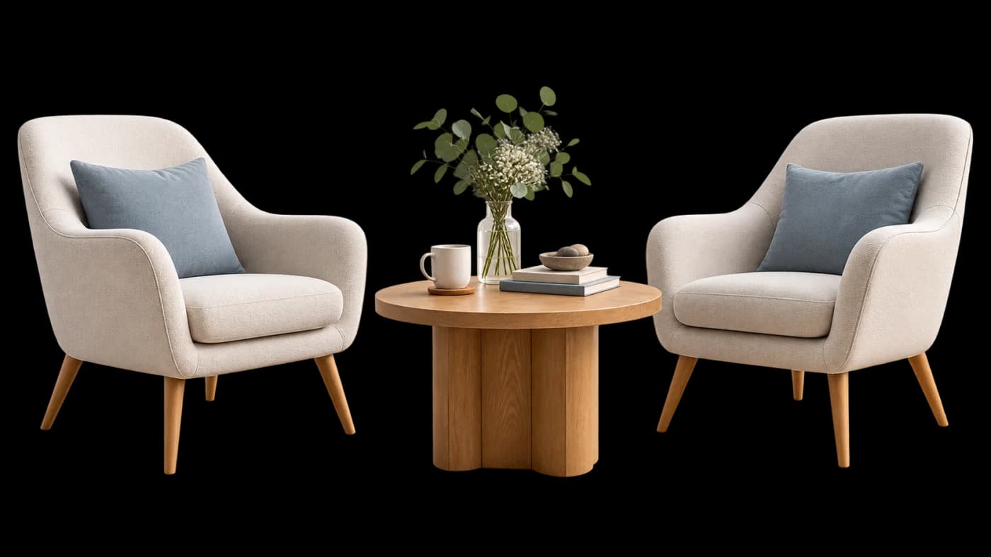 Two armchairs facing each other across a small wooden table with flowers and tea